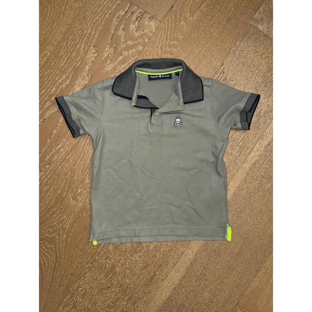 Psycho Bunny Boys Polo Shirt Grey Green Neon Accents Size 5-6 XS TP Short Sleeve